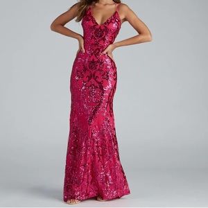 Pink Open-Back Sequin Mermaid Dress